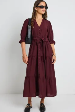 By Rosa. Irresistible Burgundy SS Button Front Tiered Maxi Dress