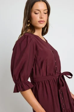 By Rosa. Irresistible Burgundy SS Button Front Tiered Maxi Dress