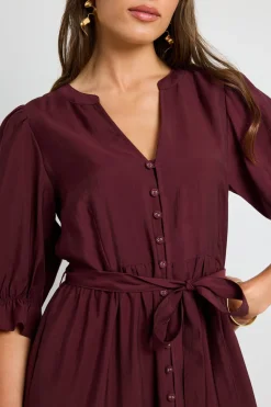 By Rosa. Irresistible Burgundy SS Button Front Tiered Maxi Dress