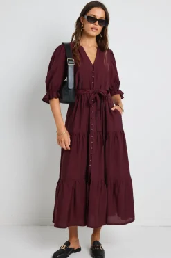 By Rosa. Irresistible Burgundy SS Button Front Tiered Maxi Dress