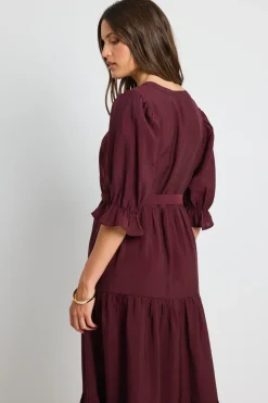 By Rosa. Irresistible Burgundy SS Button Front Tiered Maxi Dress