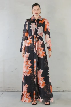 Sofia Irina Isabella Black Floral Print Silk Linen LS Maxi Dress