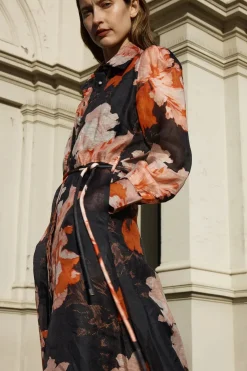 Sofia Irina Isabella Black Floral Print Silk Linen LS Maxi Dress