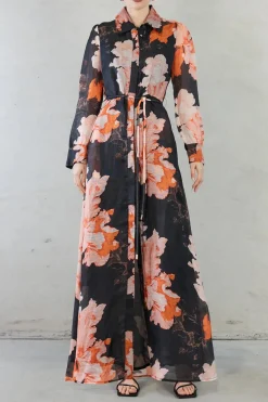 Sofia Irina Isabella Black Floral Print Silk Linen LS Maxi Dress