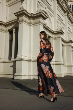 Sofia Irina Isabella Black Floral Print Silk Linen LS Maxi Dress