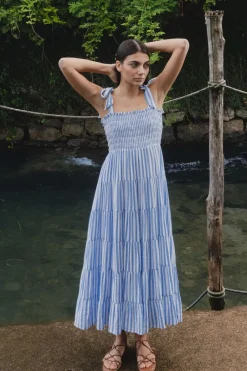 Ivy + Jack Isabella Blue White Stripe Strappy Tiered Maxi Dress