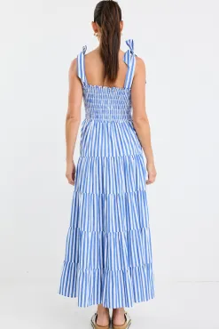 Ivy + Jack Isabella Blue White Stripe Strappy Tiered Maxi Dress