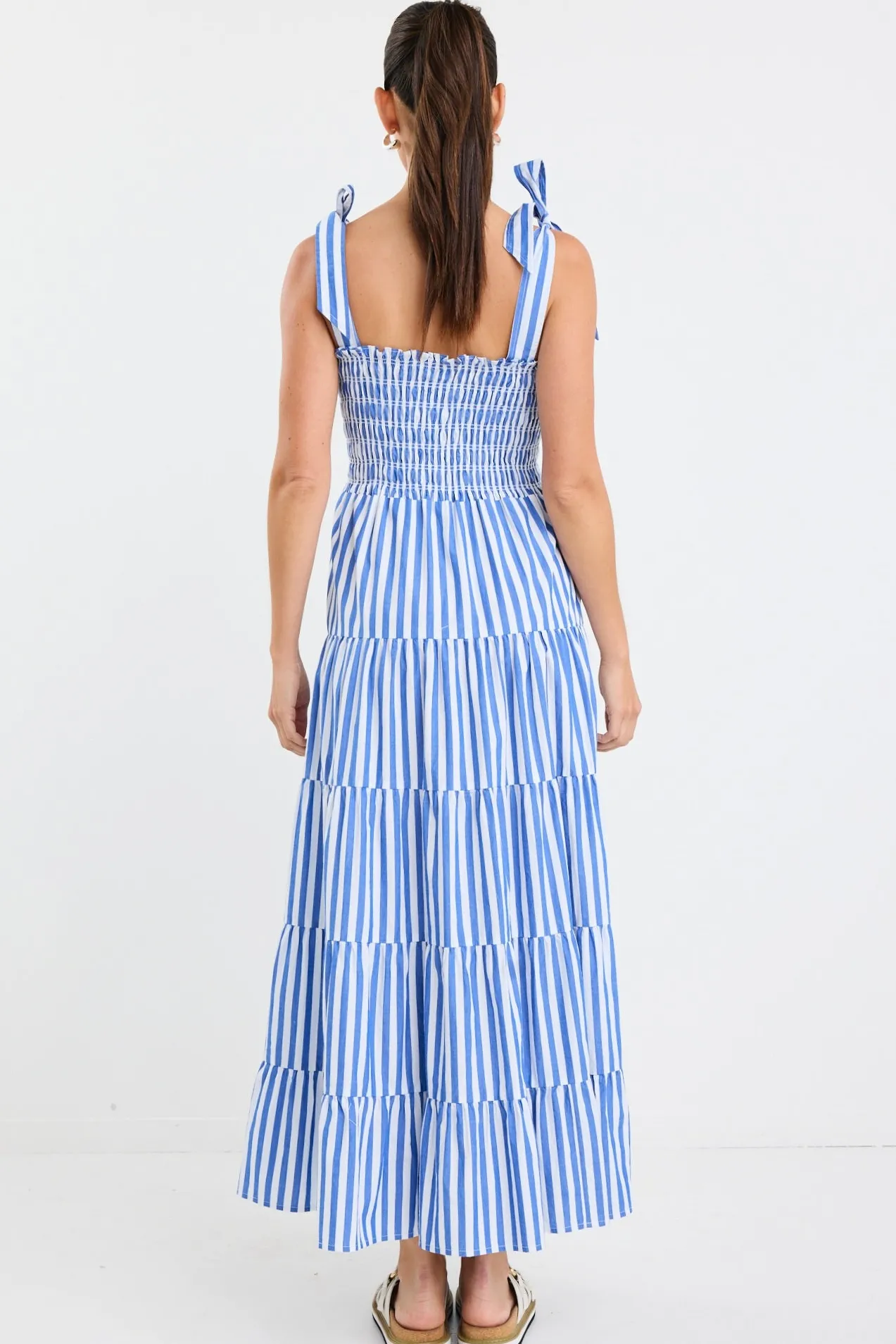 Ivy + Jack Isabella Blue White Stripe Strappy Tiered Maxi Dress