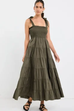 Ivy + Jack Isabella Khaki Cotton Poplin Strappy Tiered Maxi Dress