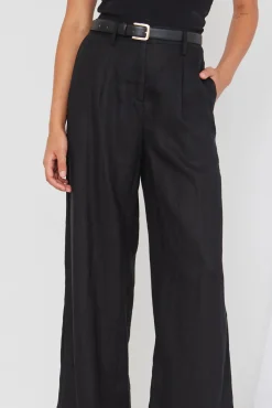 RE:UNION Label Island Black Linen Pleat Front Wide Leg Pant