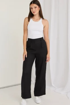 RE:UNION Label Island Black Linen Pleat Front Wide Leg Pant