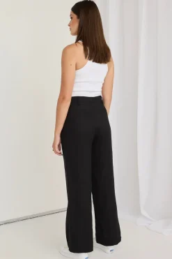 RE:UNION Label Island Black Linen Pleat Front Wide Leg Pant