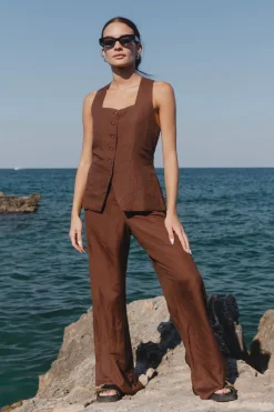 RE:UNION Label Island Chocolate Linen Pleat Front Wide Leg Pant