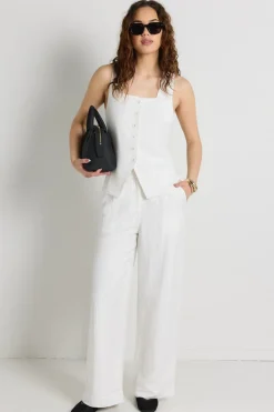 RE:UNION Label Island Ivory Linen Viscose Pleat Front Wide Leg Pant