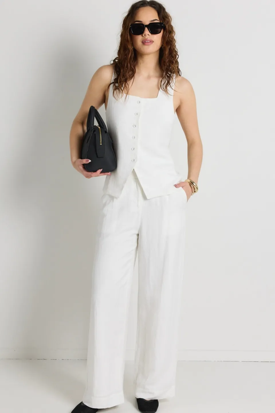 RE:UNION Label Island Ivory Linen Viscose Pleat Front Wide Leg Pant