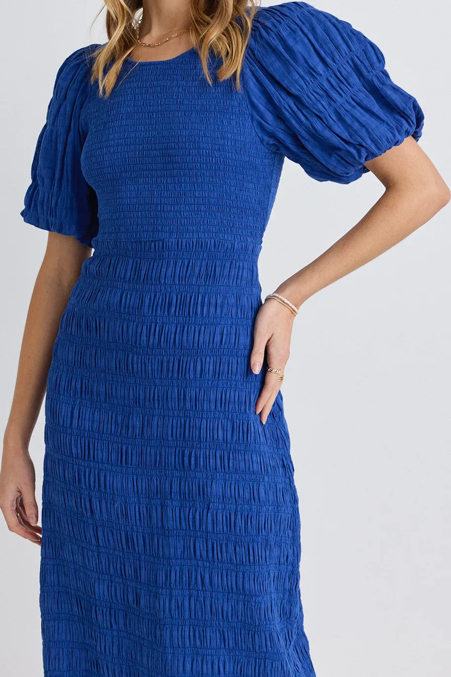 Ivy + Jack Jade Electric Blue Puff Sleeve Ruched Maxi Dress