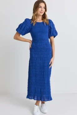 Ivy + Jack Jade Electric Blue Puff Sleeve Ruched Maxi Dress