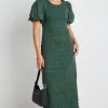 Ivy + Jack Jade Forest Shirred Cotton Puff Short Sleeve Ruched Maxi Dress