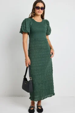 Ivy + Jack Jade Forest Shirred Cotton Puff Short Sleeve Ruched Maxi Dress
