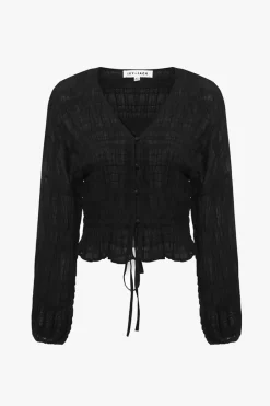 Ivy + Jack Jolie Black Shirred Cotton LS Button Down Top