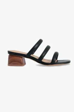 Nude Juniper Black Square Toe Triple Strap Mid Heel Slide