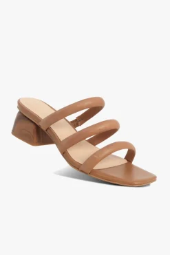 Nude Juniper Tan Square Toe Triple Strap Mid Heel Slide