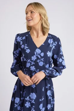 Elm Kacey Navy Floral V Neck Midi Dress