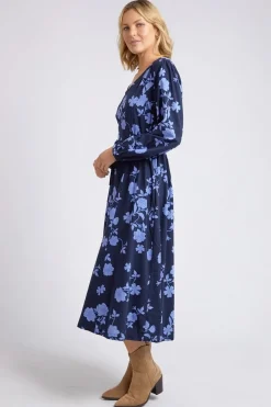 Elm Kacey Navy Floral V Neck Midi Dress