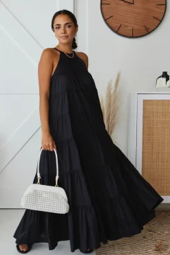 By Rosa. Kaye Black Cotton Sleeveless High Neck Tiered Maxi Dress