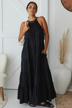 By Rosa. Kaye Black Cotton Sleeveless High Neck Tiered Maxi Dress