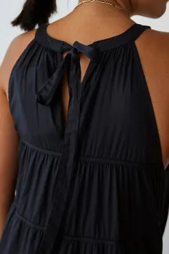 By Rosa. Kaye Black Cotton Sleeveless High Neck Tiered Maxi Dress