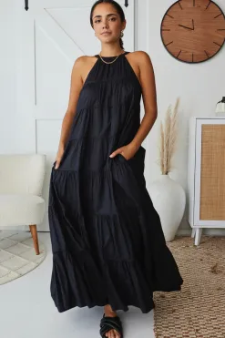 By Rosa. Kaye Black Cotton Sleeveless High Neck Tiered Maxi Dress
