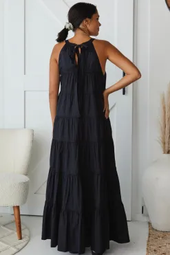 By Rosa. Kaye Black Cotton Sleeveless High Neck Tiered Maxi Dress