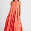 By Rosa. Kaye Watermelon Sleeveless High Neck Tiered Maxi Dress
