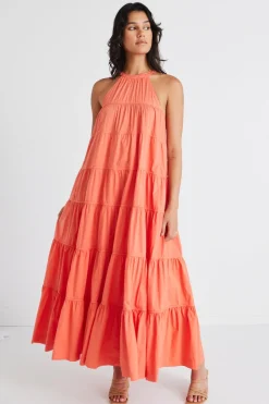 By Rosa. Kaye Watermelon Sleeveless High Neck Tiered Maxi Dress