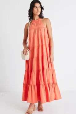 By Rosa. Kaye Watermelon Sleeveless High Neck Tiered Maxi Dress