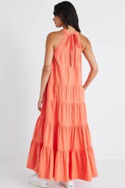 By Rosa. Kaye Watermelon Sleeveless High Neck Tiered Maxi Dress