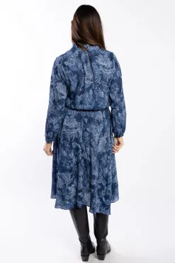 Drama The Label Kensie Blue Paisley Button Front Ruffle LS Dress