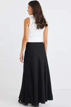 RE:UNION Label Lagos Black Linen Blend Bias Cut Maxi Skirt