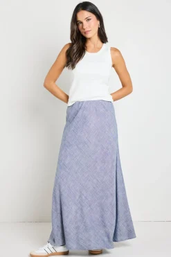 RE:UNION Label Lagos Chambray Blue Linen Blend Bias Cut Maxi Skirt