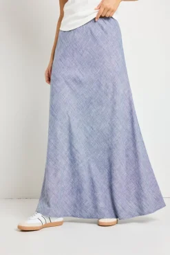 RE:UNION Label Lagos Chambray Blue Linen Blend Bias Cut Maxi Skirt