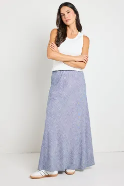 RE:UNION Label Lagos Chambray Blue Linen Blend Bias Cut Maxi Skirt