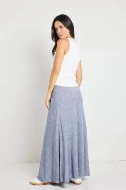 RE:UNION Label Lagos Chambray Blue Linen Blend Bias Cut Maxi Skirt
