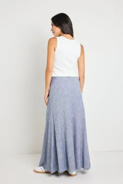 RE:UNION Label Lagos Chambray Blue Linen Blend Bias Cut Maxi Skirt