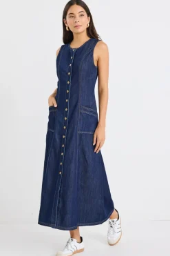 Among the Brave Laneway Indigo Denim Midi Vest Dress
