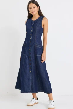 Among the Brave Laneway Indigo Denim Midi Vest Dress