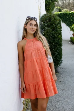 By Rosa. Levitate Watermelon High Neck Tiered Mini Dress