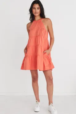 By Rosa. Levitate Watermelon High Neck Tiered Mini Dress