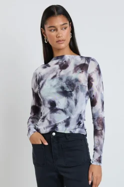 Stories be Told Light Charcoal Smudge Mesh Boatneck Top