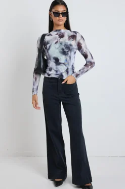 Stories be Told Light Charcoal Smudge Mesh Boatneck Top
